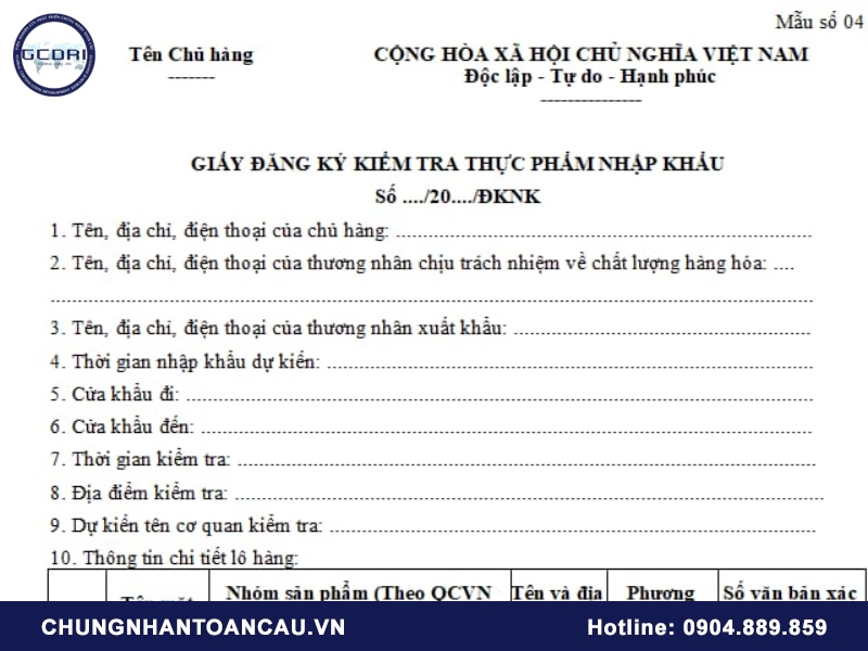 Giấy đăng ký kiểm tra thực phẩm nhập khẩu