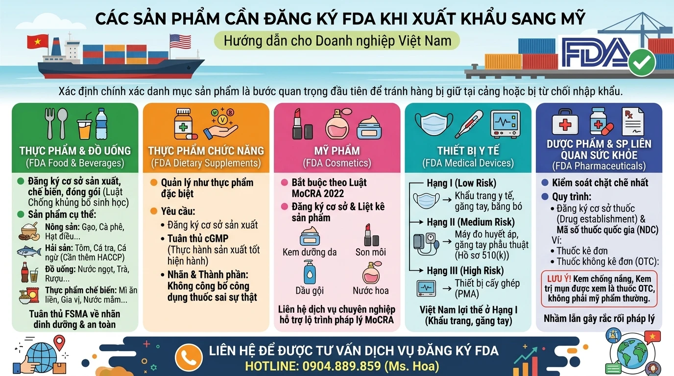 Danh mục sản phẩm cần đăng ký FDA xuất khẩu Mỹ