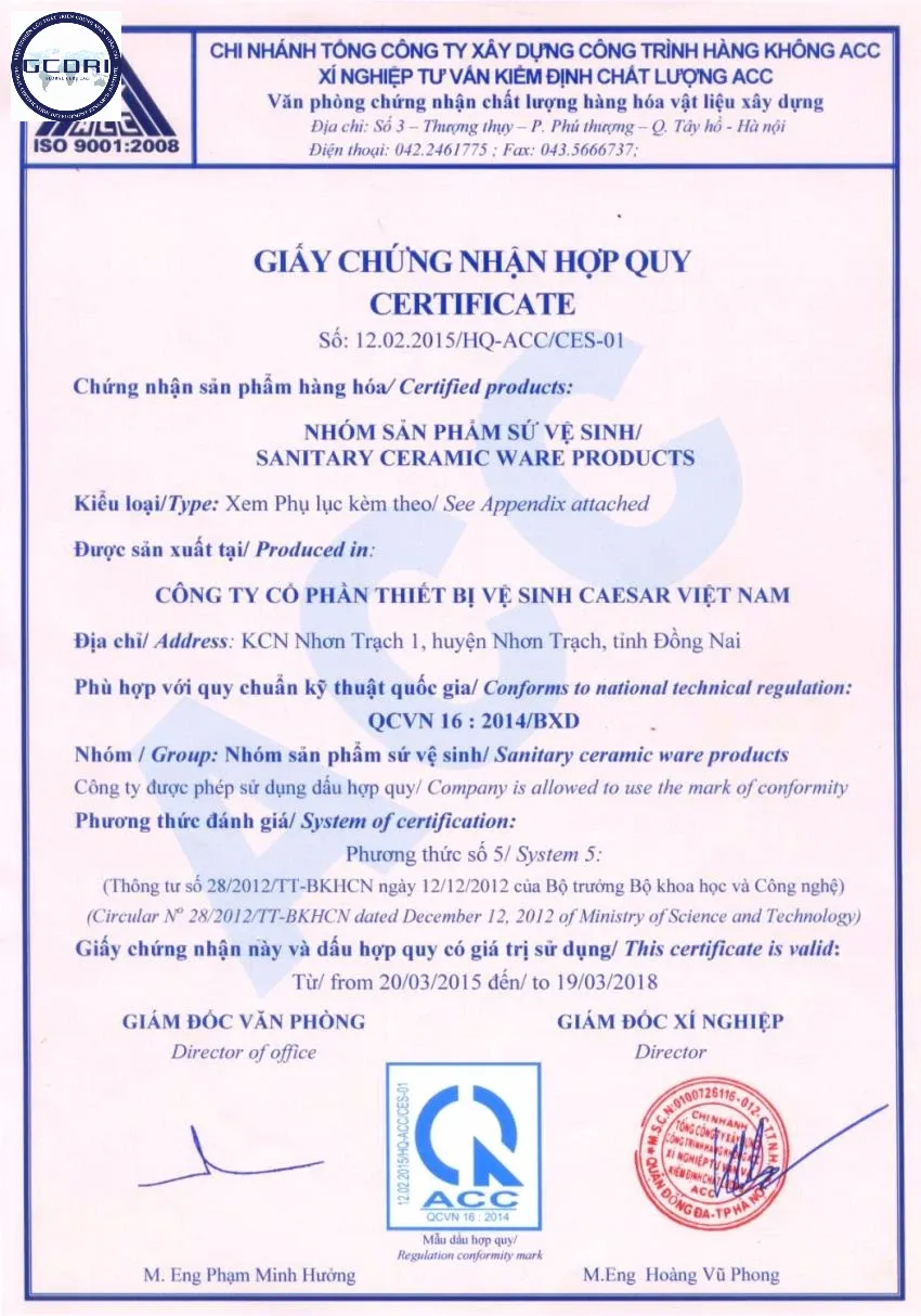 Chứng nhận hợp quy sản phẩm sứ vệ sinh