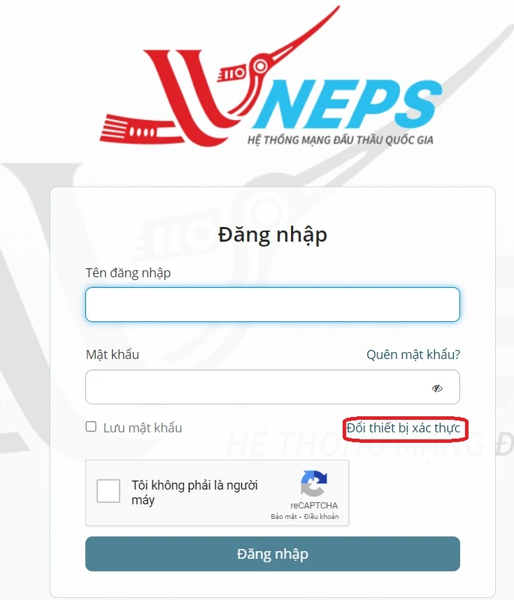 Giao diện nhập Tên đăng nhập và Mật khẩu trên Cổng thông tin Mua sắm công